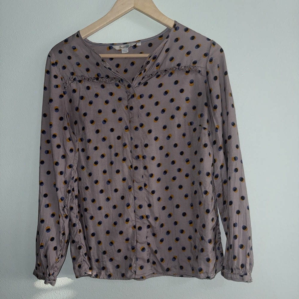Boden Silk Blend Polka‎ Dot Ruffle Blouse Lilac Grey Purple Size UK 12 US 8
